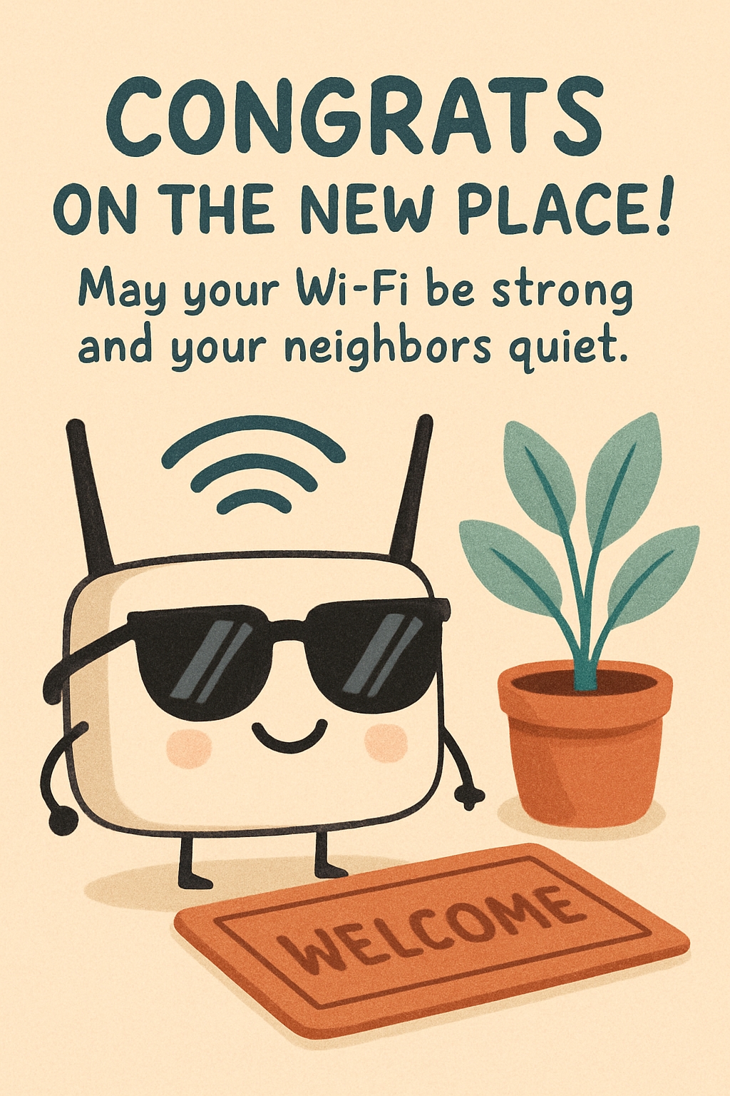 Cheerful Congrats on the New Place Wi-Fi Router Illustration Card