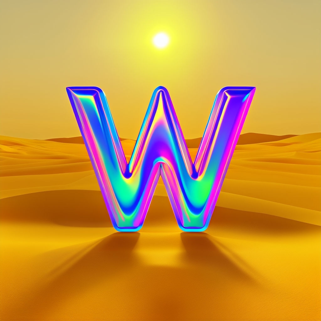 Vibrant Iridescent Letter W Logo Design on Golden Desert Background Monogram