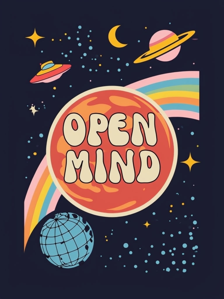 Retro Space-Themed Open Mind Motivational Sticker Design