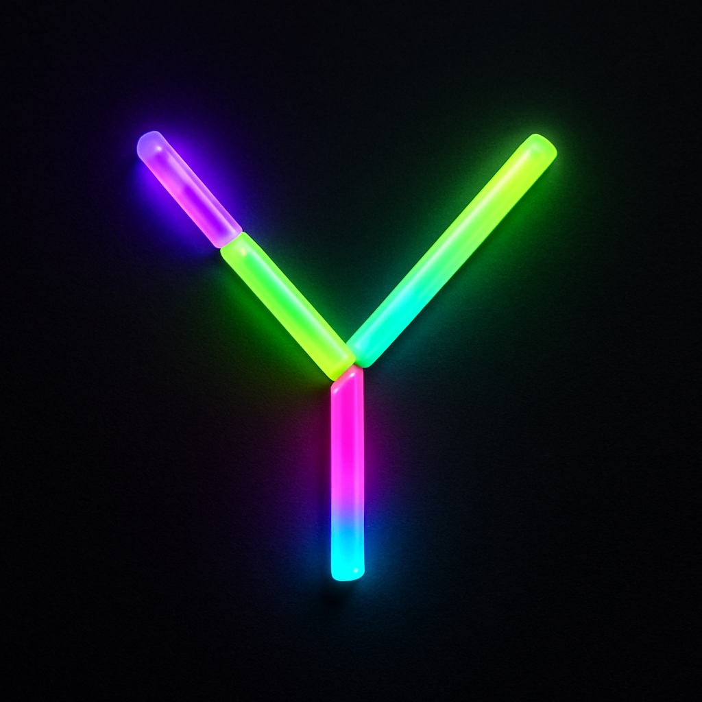 Vibrant 'Y' Shaped Fluorescent Stick Art on Black Background Monogram