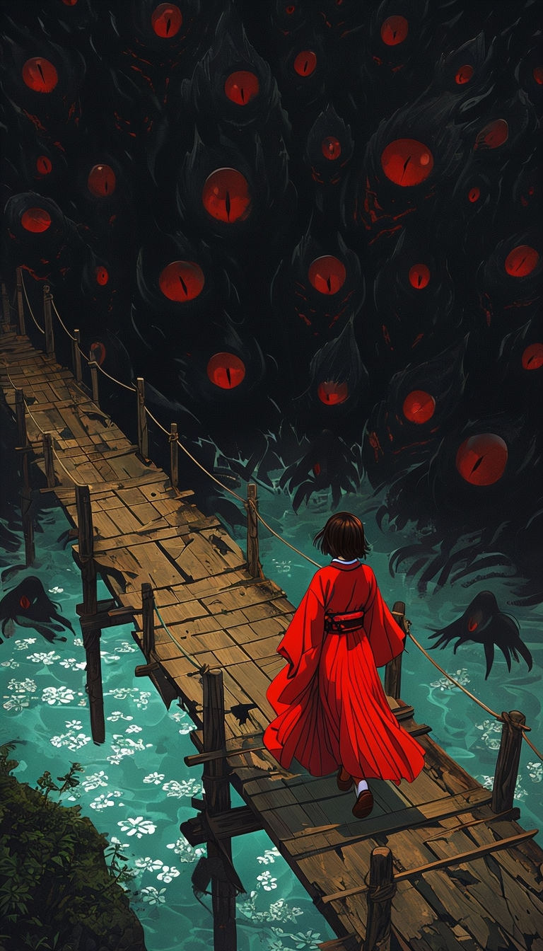 Eerie Wooden Bridge with Red Eyes and Dark Fantasy Ambiance Mobile Wallpaper