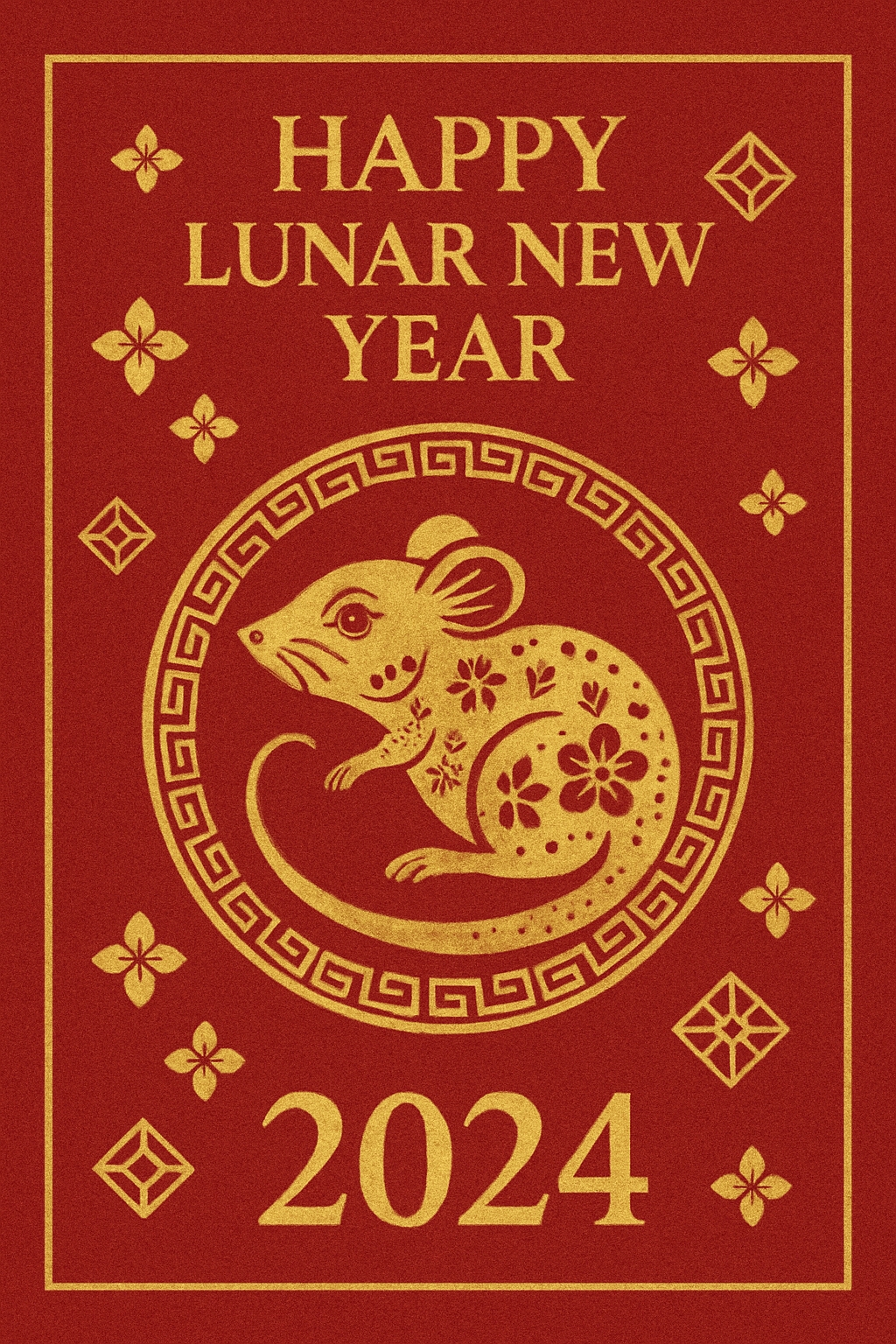 Elegant Lunar New Year 2024 Gold Mouse Illustration Card