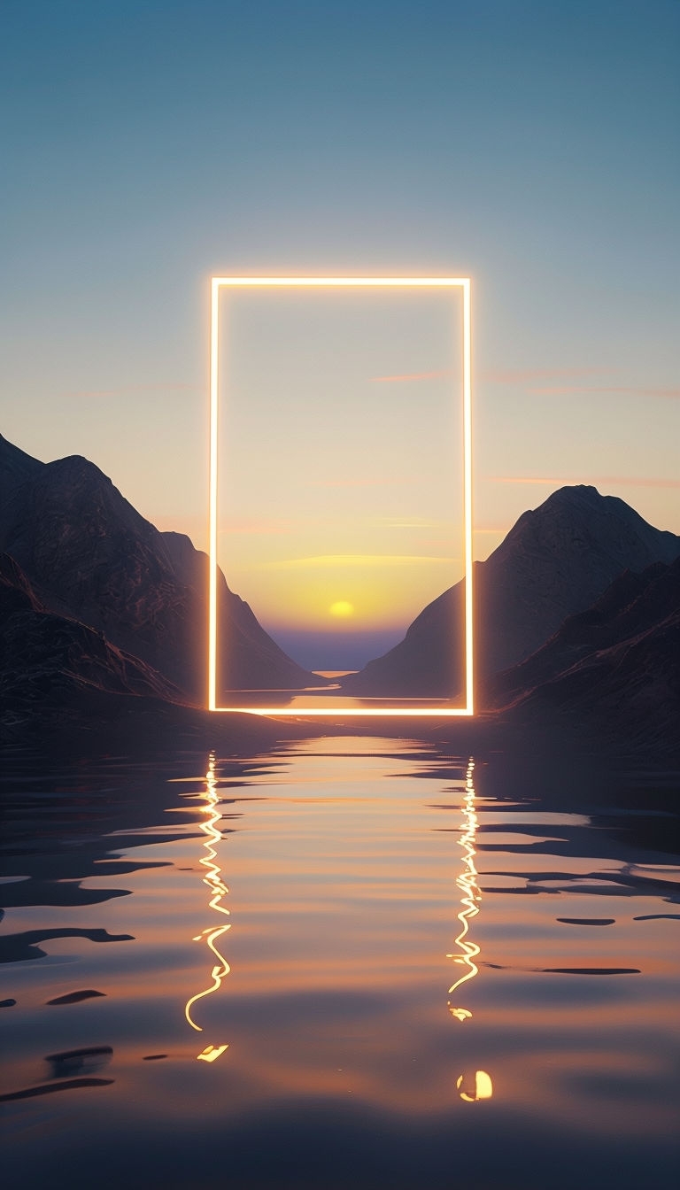 Serene Sunset Landscape with Neon Frame Reflection Mobile Wallpaper