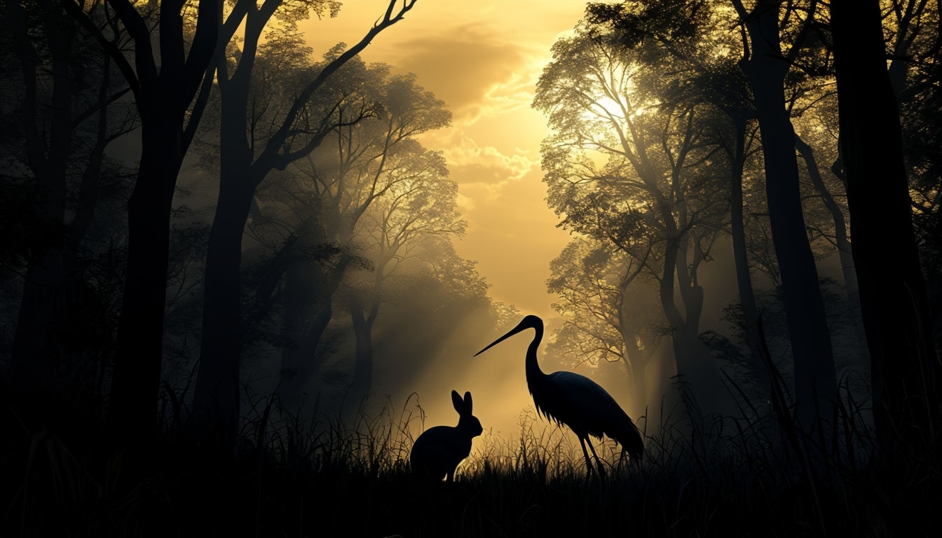Mysterious Twilight Forest Encounter with Rabbit and Crane Virtual Background