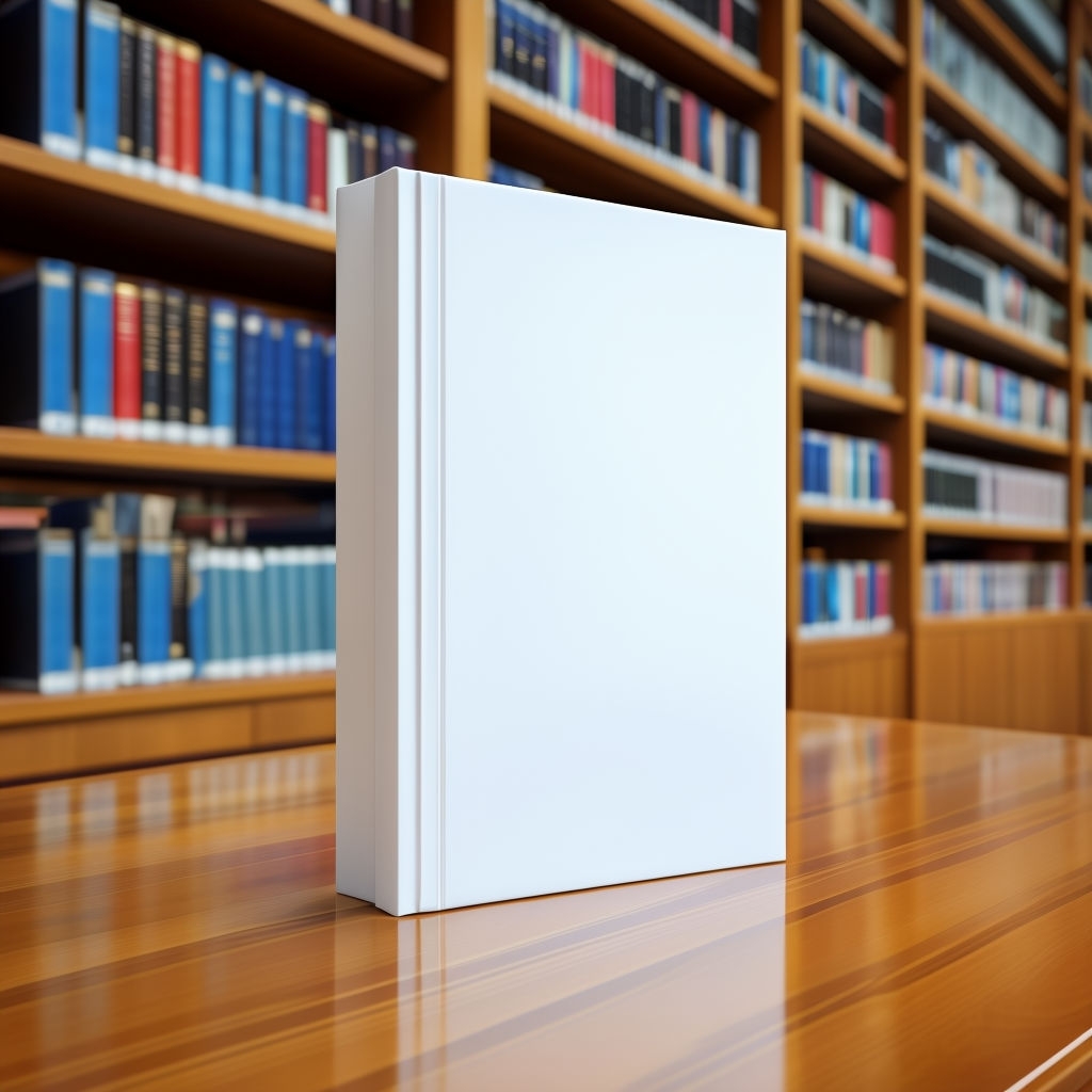 Clean White Book on Polished Wooden Table in Library Mockup