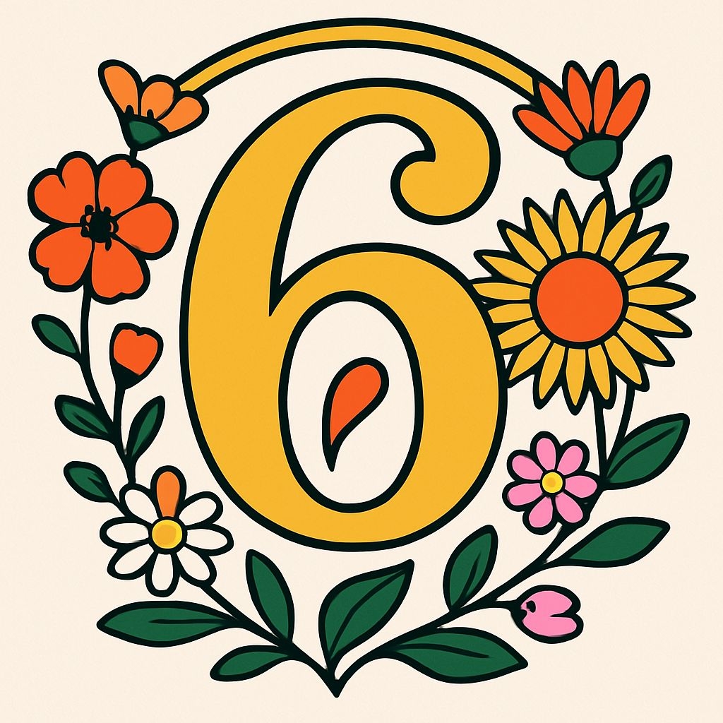 Vibrant Golden Number 6 Surrounded by Whimsical Flowers Mug
