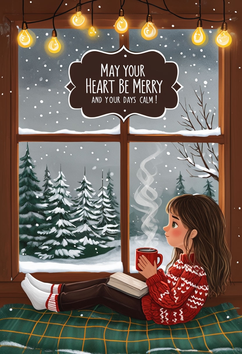 Cozy Winter Scene with Girl, Hot Mug, and Whimsical Text Card & Invite