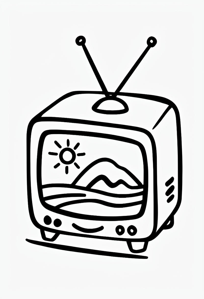 Happy Cartoon Television Set Line Drawing for Kids Coloring Book Pages