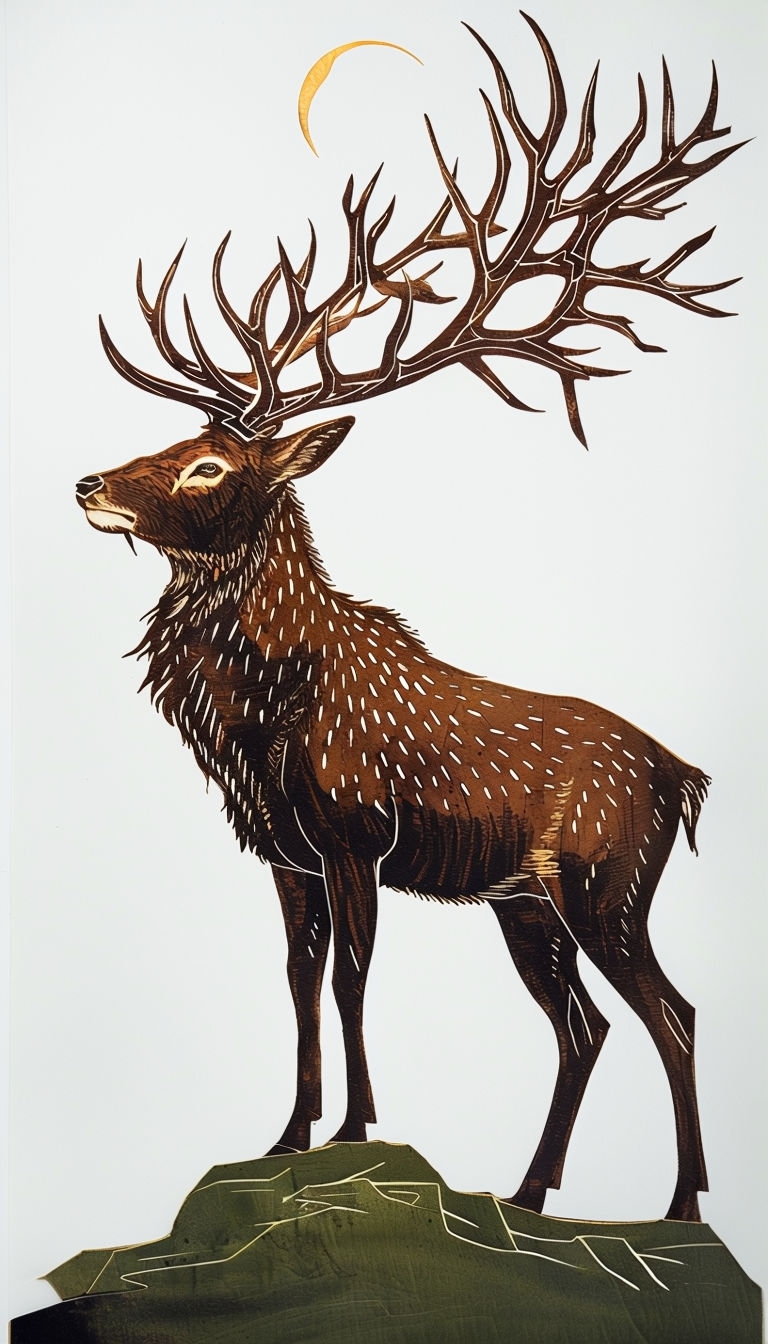 Stylized Stag Woodblock Print with Golden Crescent Moon Mobile Wallpaper