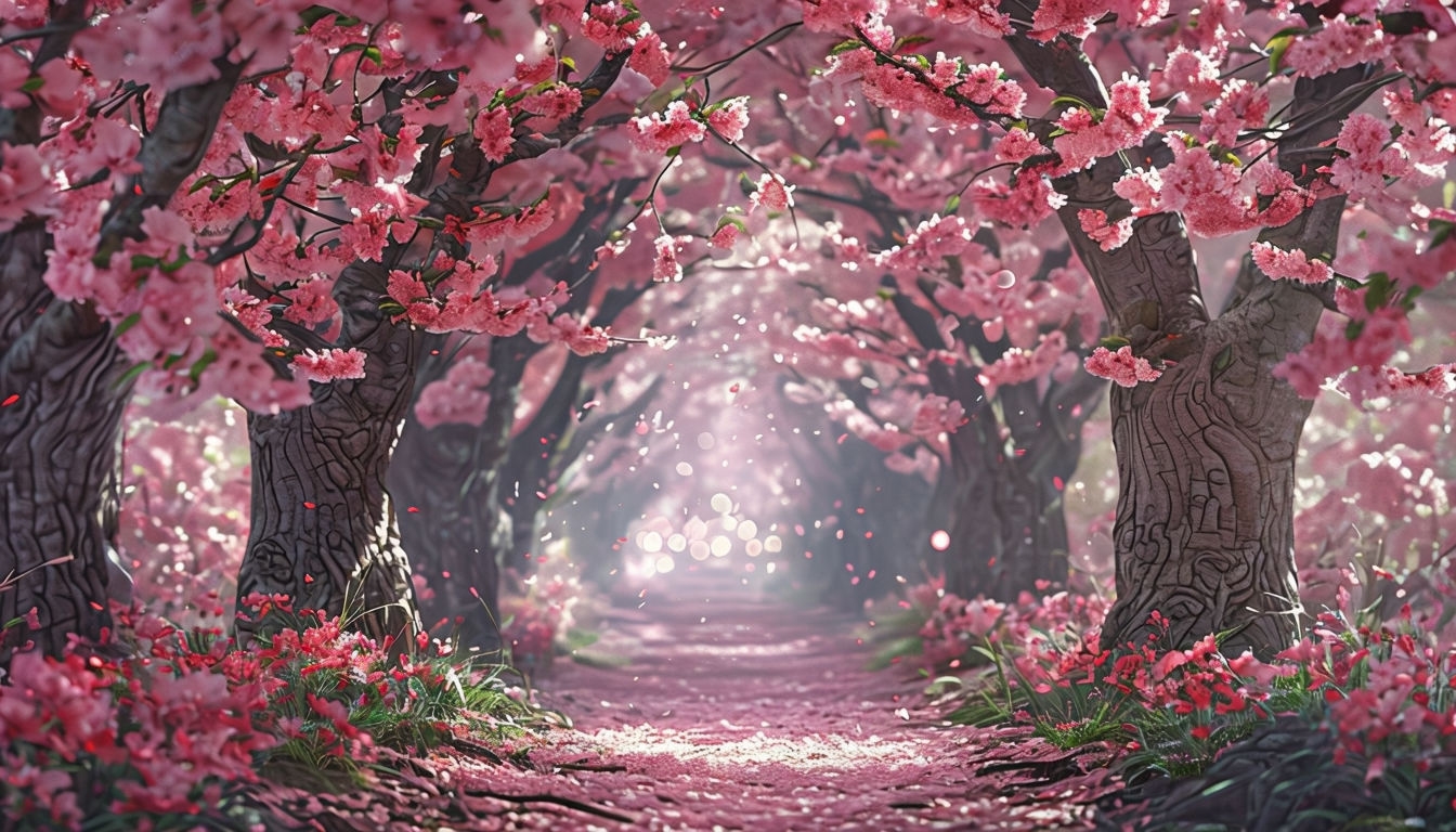 Enchanting Cherry Blossom Pathway Digital Art Background