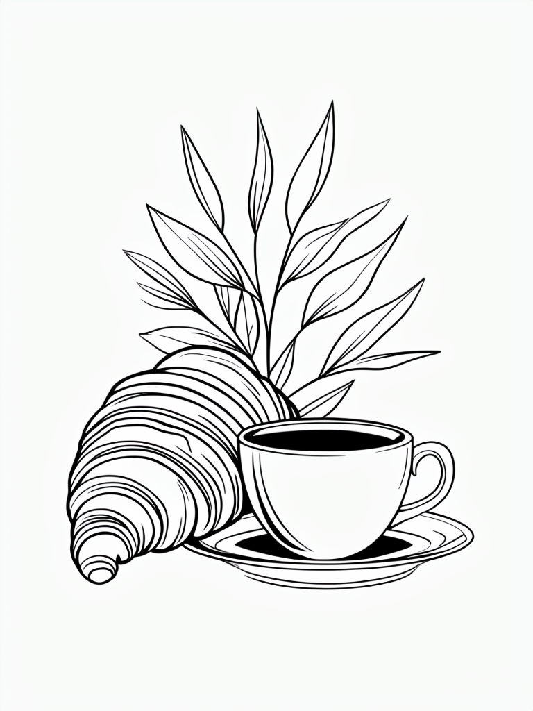 Elegant Black and White Breakfast Scene Outline Coloring Page