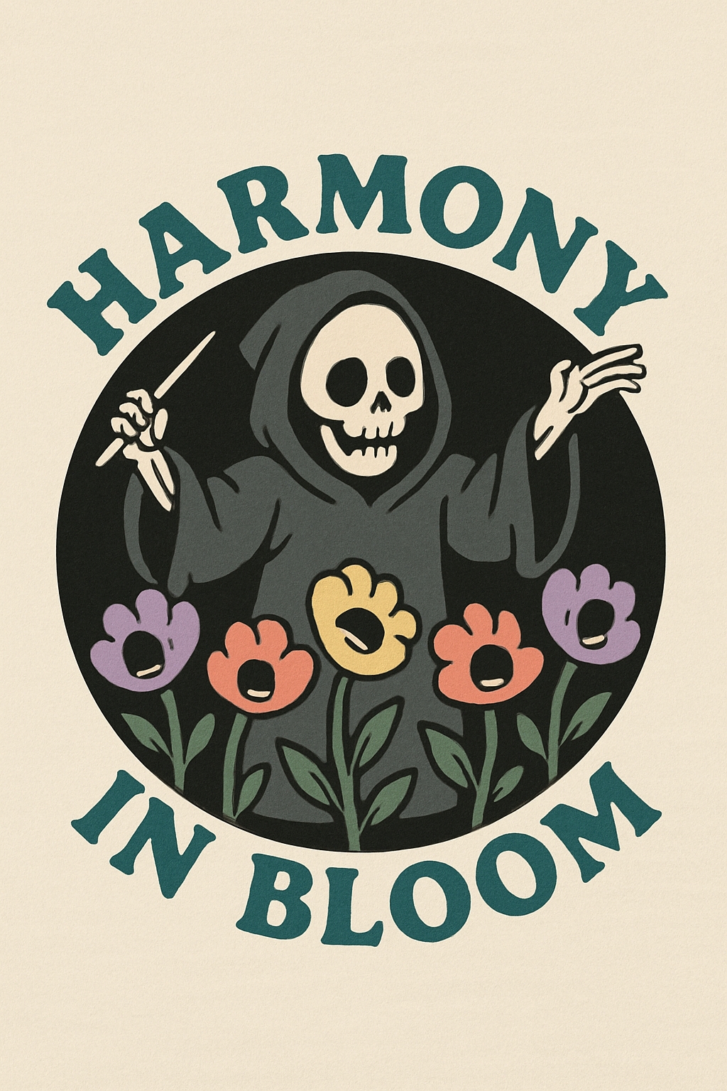 Vintage Skeleton Clown with Flowers and Harmony Text T-Shirt