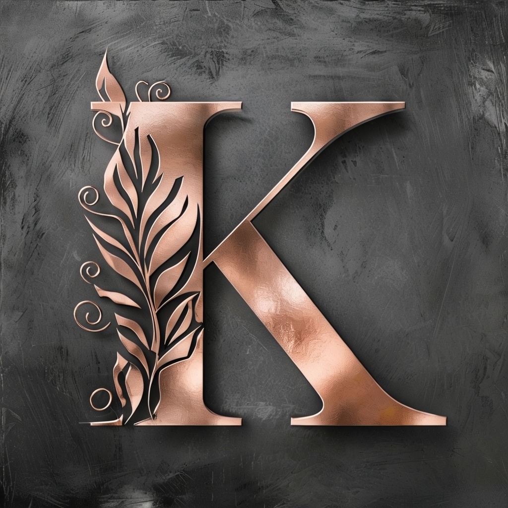 Stylish Rose Gold Letter K Monogram Design on Charcoal Background Monogram