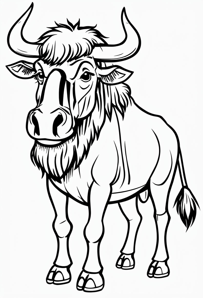 Cartoon-Style Black and White Wildebeest Line Drawing Coloring Page