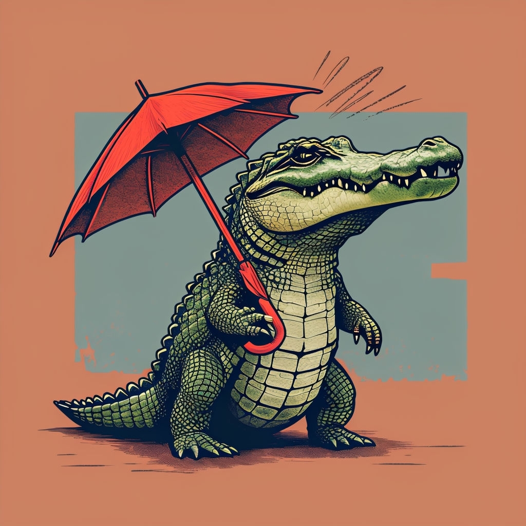Grumpy Crocodile with Red Umbrella Cartoon T-Shirt