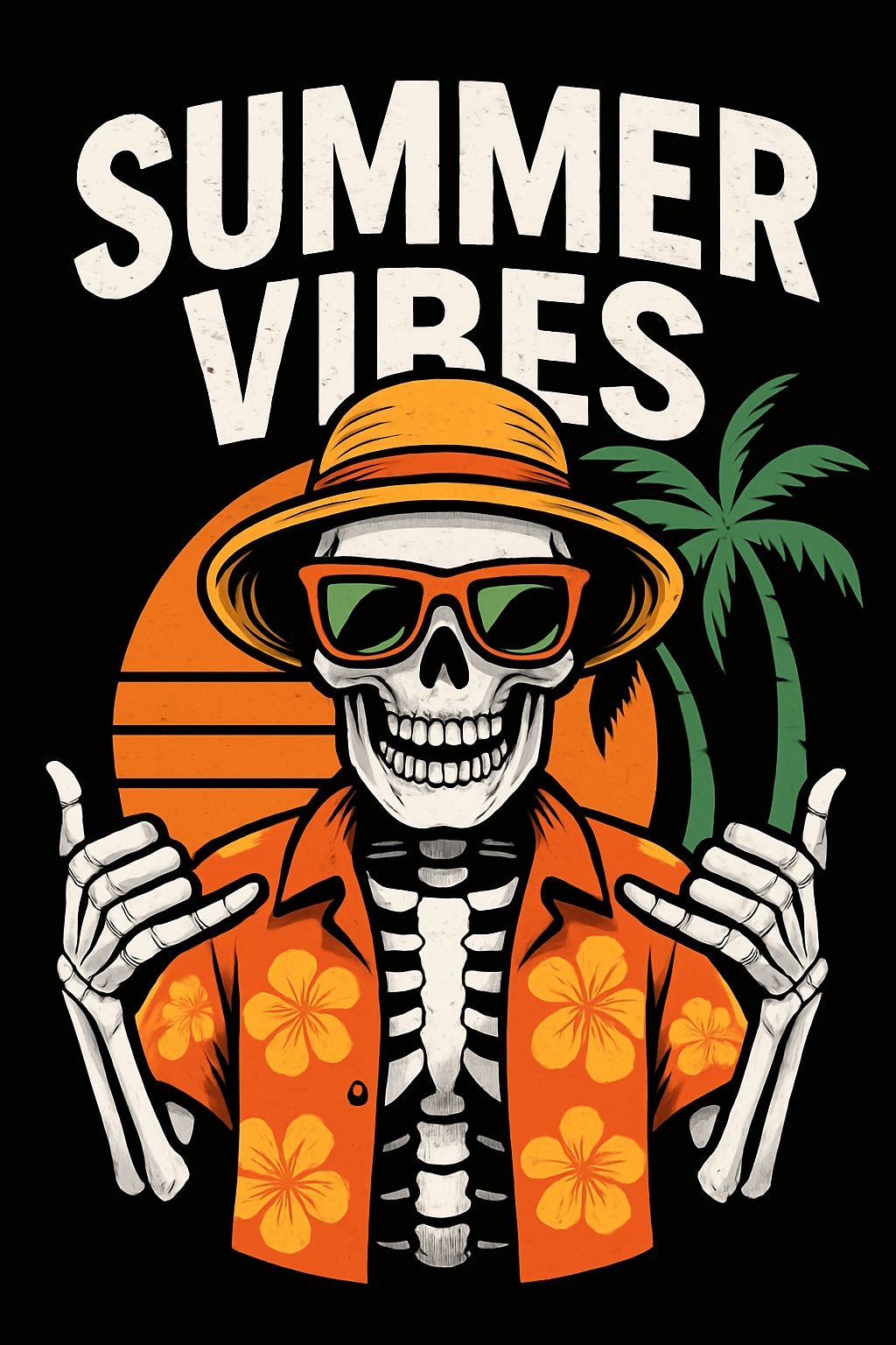 Cheerful Skeleton in Hawaiian Shirt with Sunglasses T-Shirt