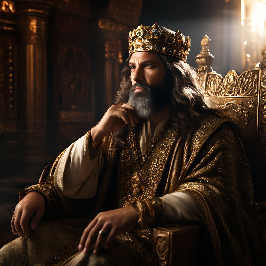 King Solomon with crown sitting on throne with hand on chin ... by ...