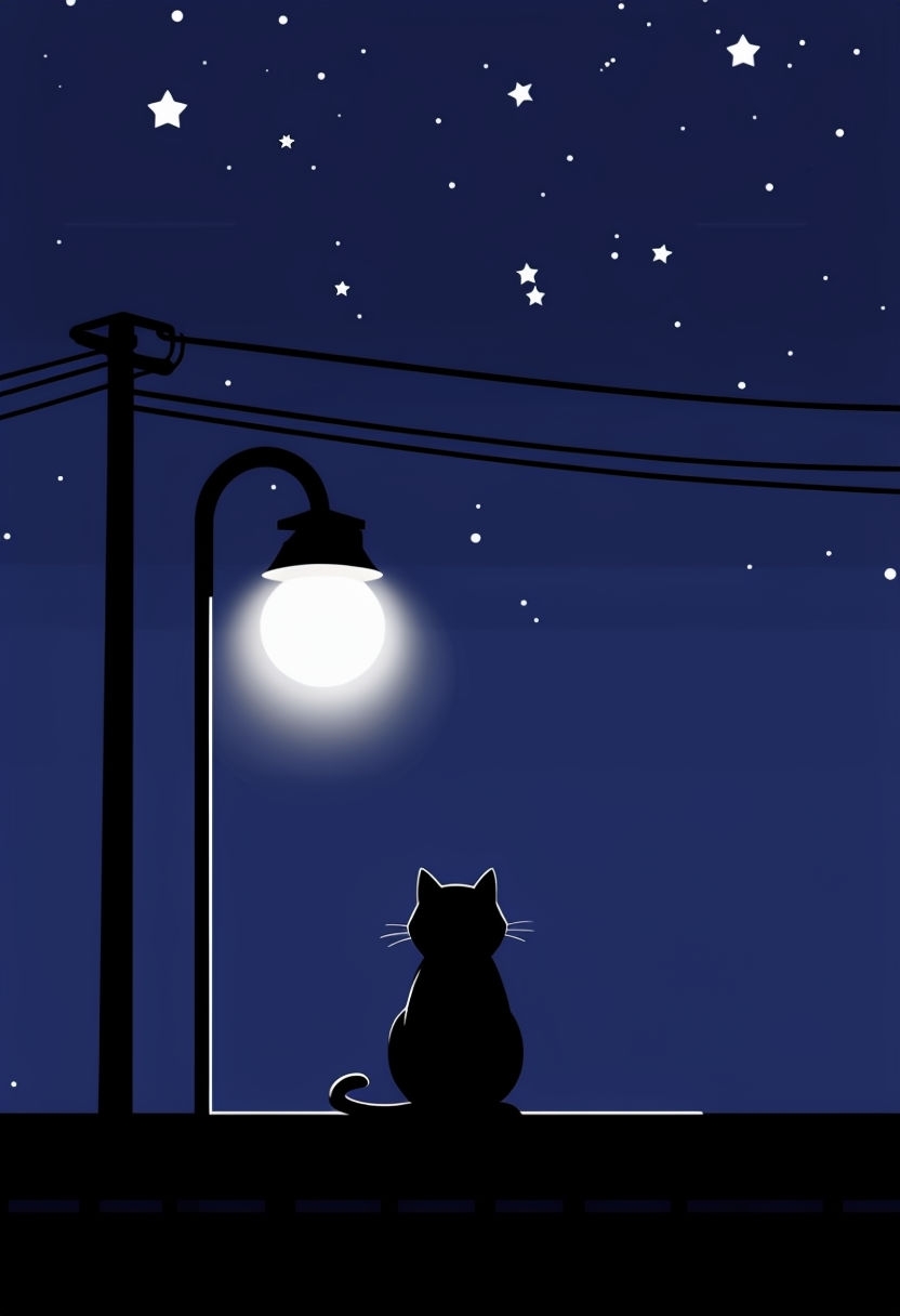 Serene Black Cat at Night with Stars and Street Lamp Mobile Wallpaper