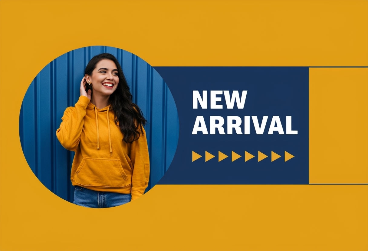 Bright Young Woman in Mustard Hoodie New Arrival Social Media Post