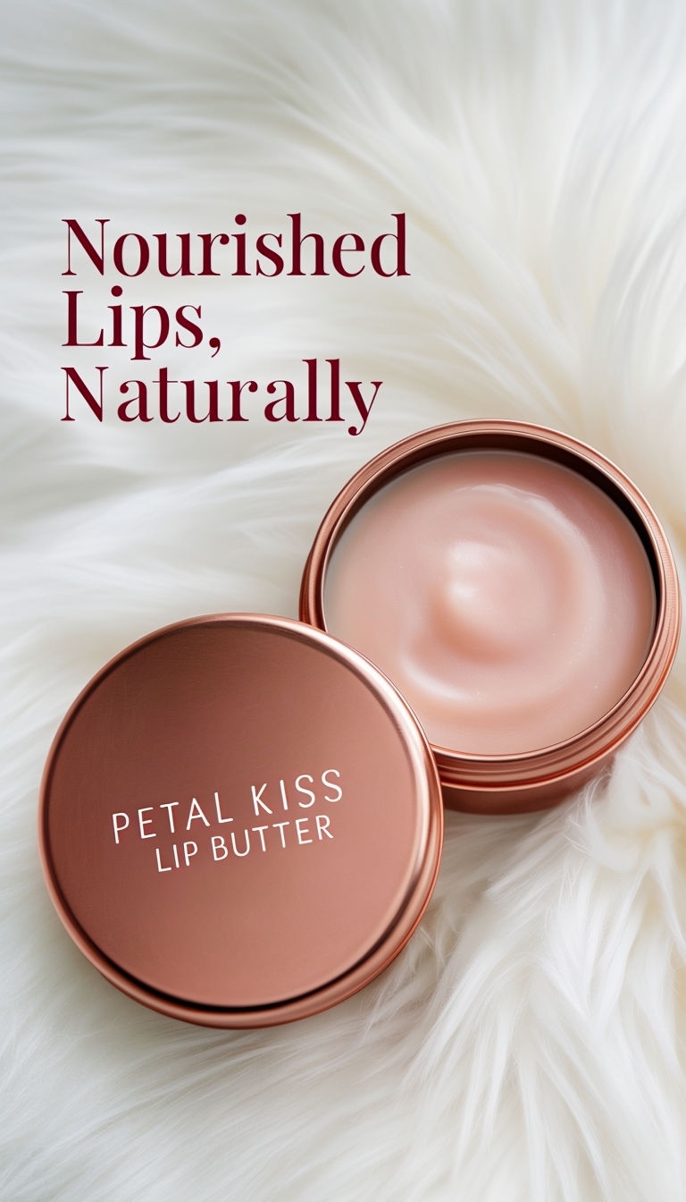 Elegant Rose Gold Lip Balm Tin Design with Faux Fur Background Ads