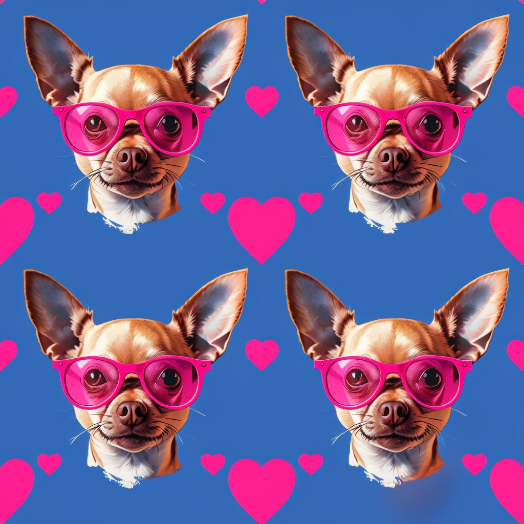 Pop Art Chihuahua with Pink Sunglasses and Hearts Seamless Pattern