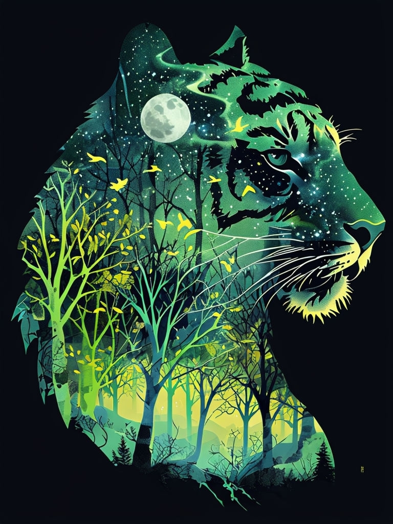 Mystical Tiger Double Exposure Illustration with Forest and Stars Poster