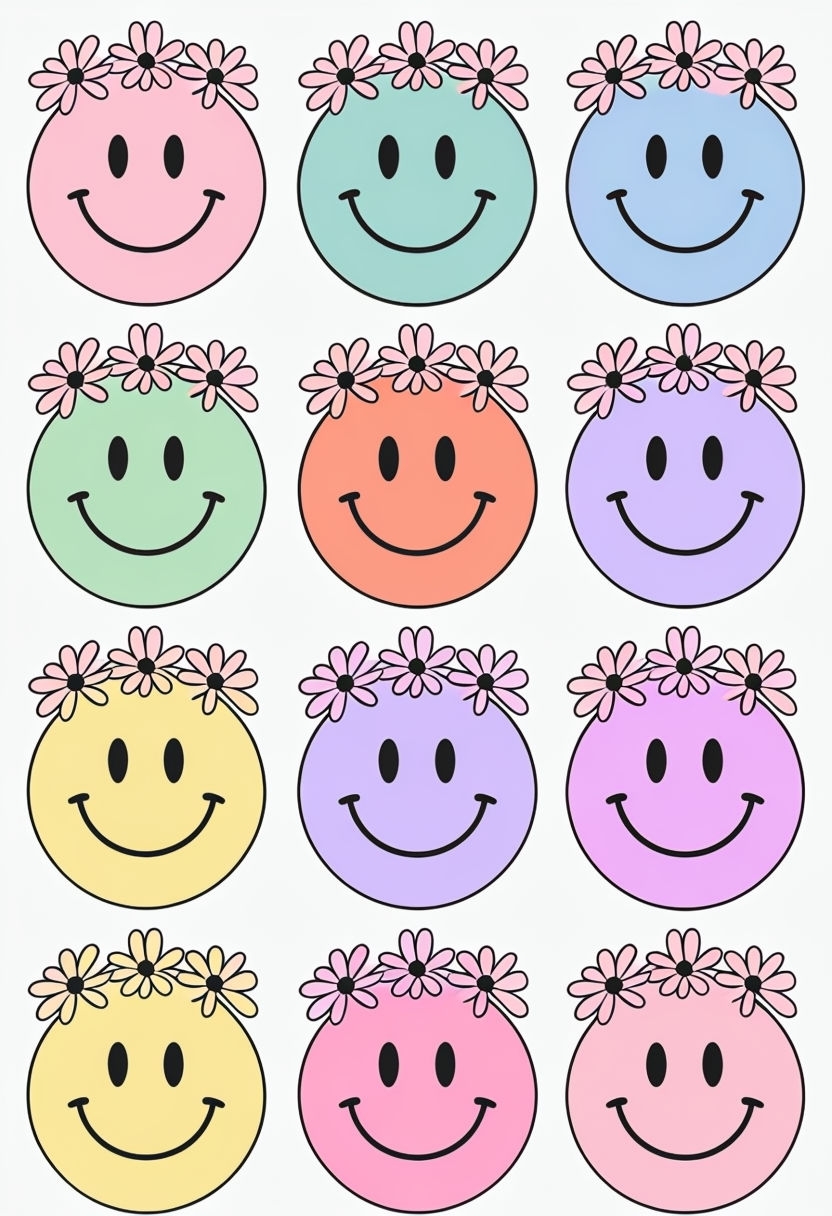 Cheerful Pastel Smiley Faces with Daisies Digital Pattern Sticker