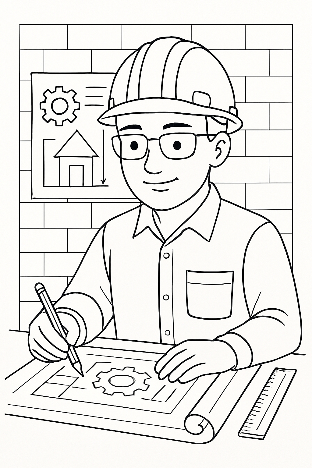 Architect at Desk with Blueprint and Gear Symbol Coloring Page