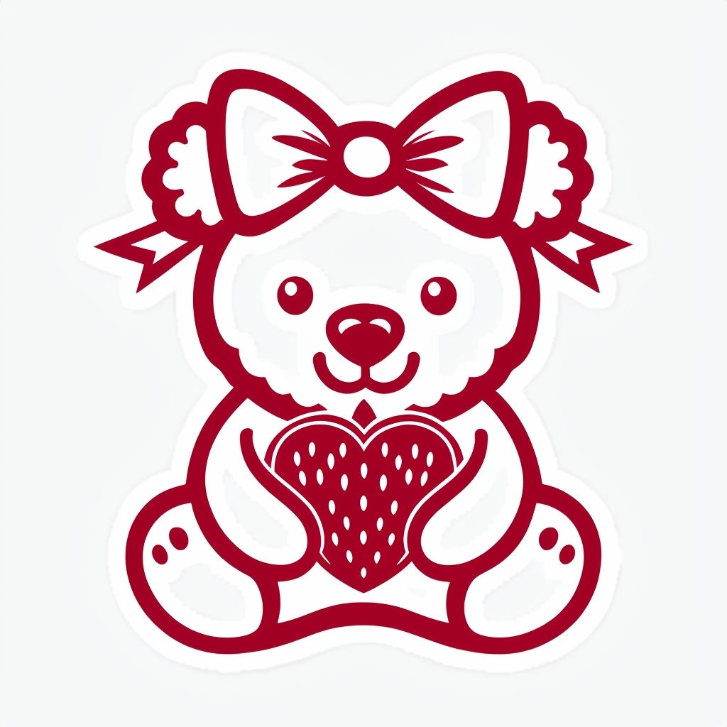 Cute Crimson Teddy Bear with Strawberry Illustration Sticker