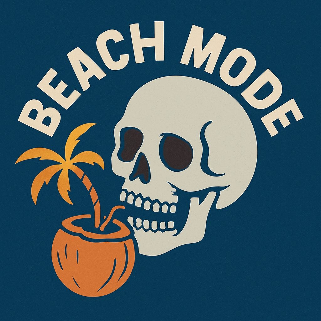 Whimsical Beach Mode Skull and Coconut Graphic T-Shirt