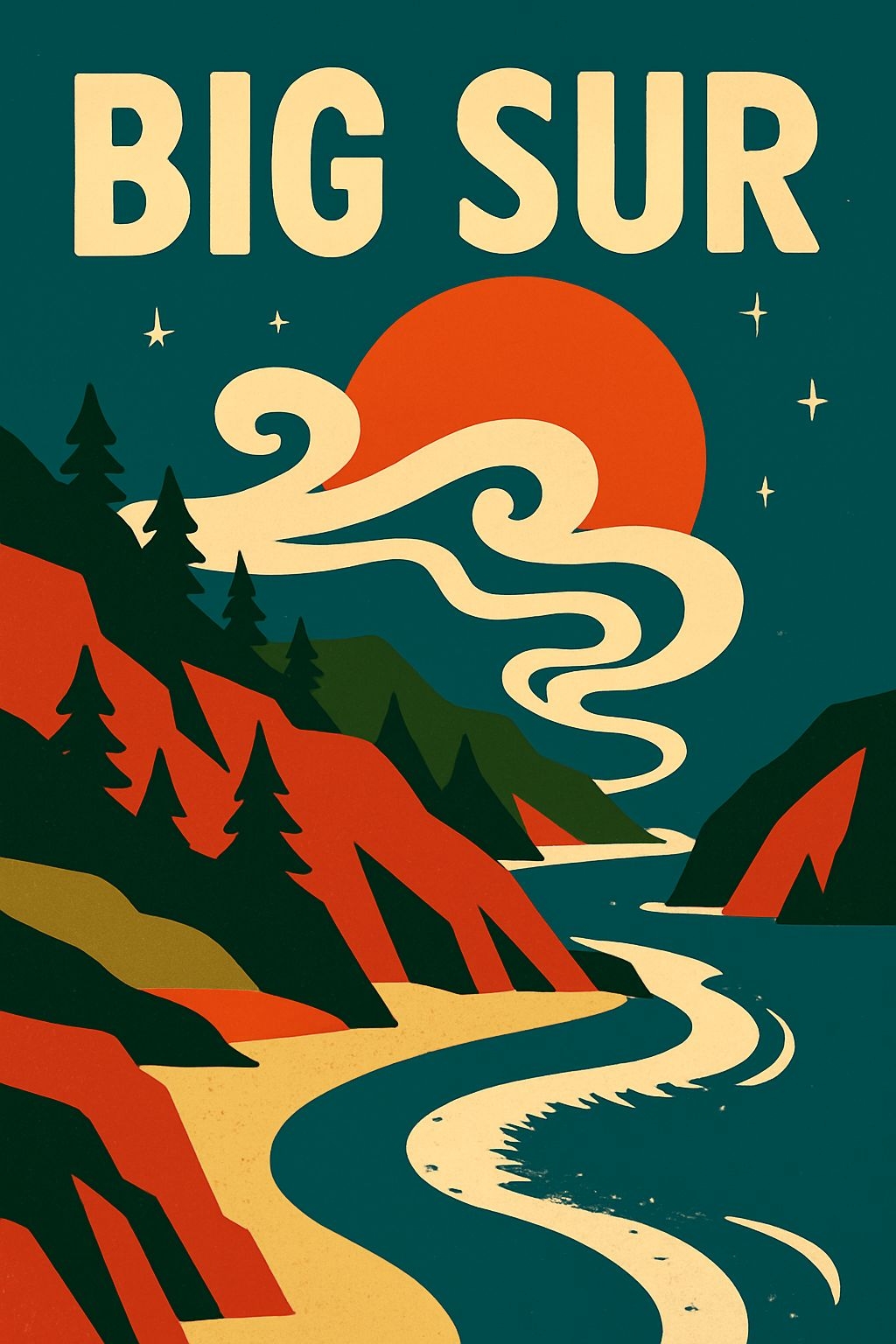Vintage Big Sur Coastal Landscape Night Sky Poster