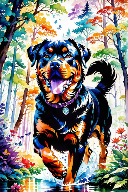 Create an enchanting watercolor depicting a vibrant Rottweiler galloping through a vibrant forest. Use the fluidity and translucency of watercolor to capture the magical essence of this moment, with vibrant colors and intricate details to show the joy of the fairies and the Rottweiler's exuberance in this fantasy world.
</p>
<p>, Mysterious