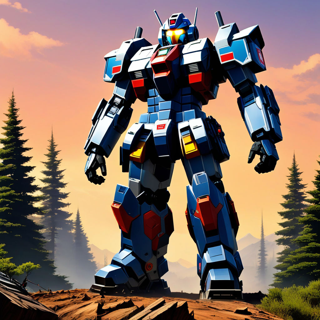 Magna Gundam style lumberjack mech suit standing proudly. a... by Jaret