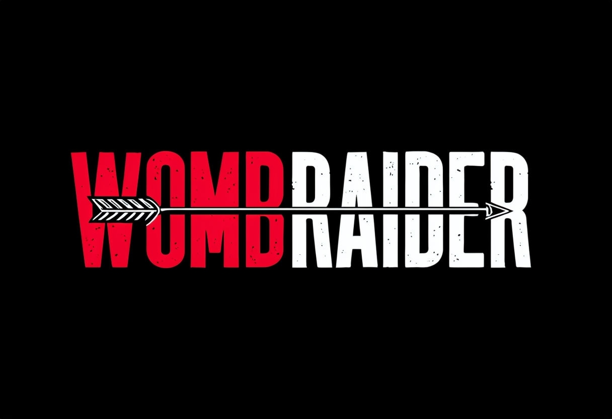 Whimsical WOMB RAIDER Logo with Bold Red and White Text T-Shirt