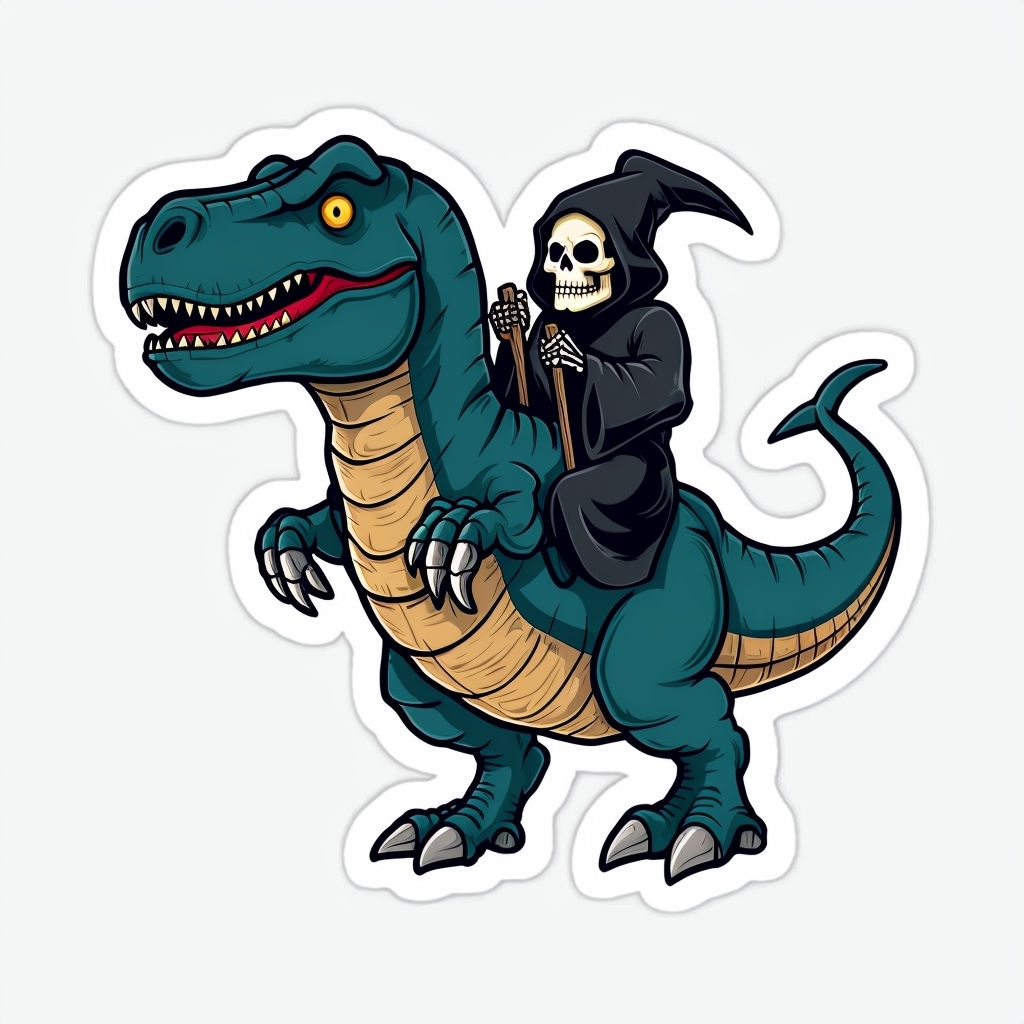 Whimsical Grim Reaper Riding Teal T-Rex Dinosaur Sticker