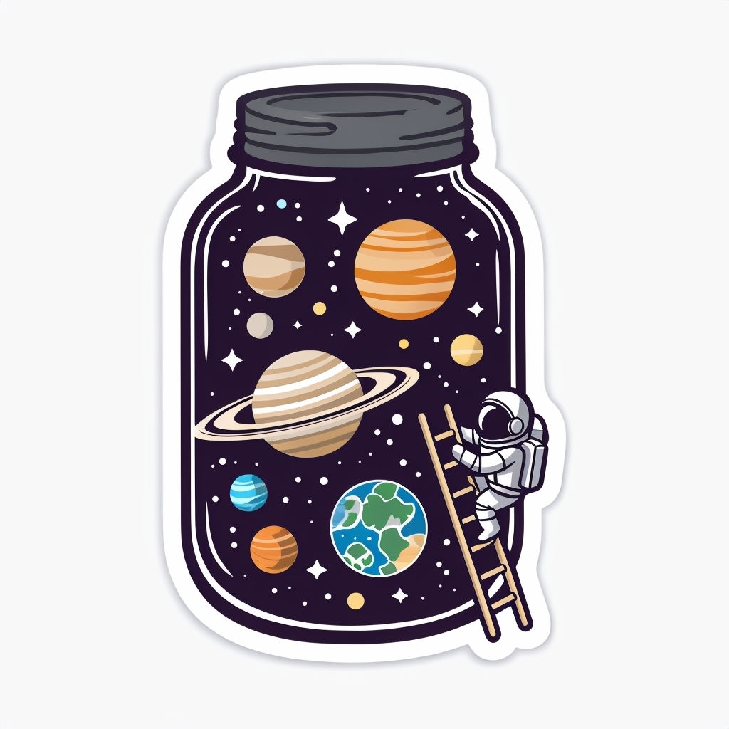 Whimsical Cartoon Mason Jar with Colorful Planets Sticker