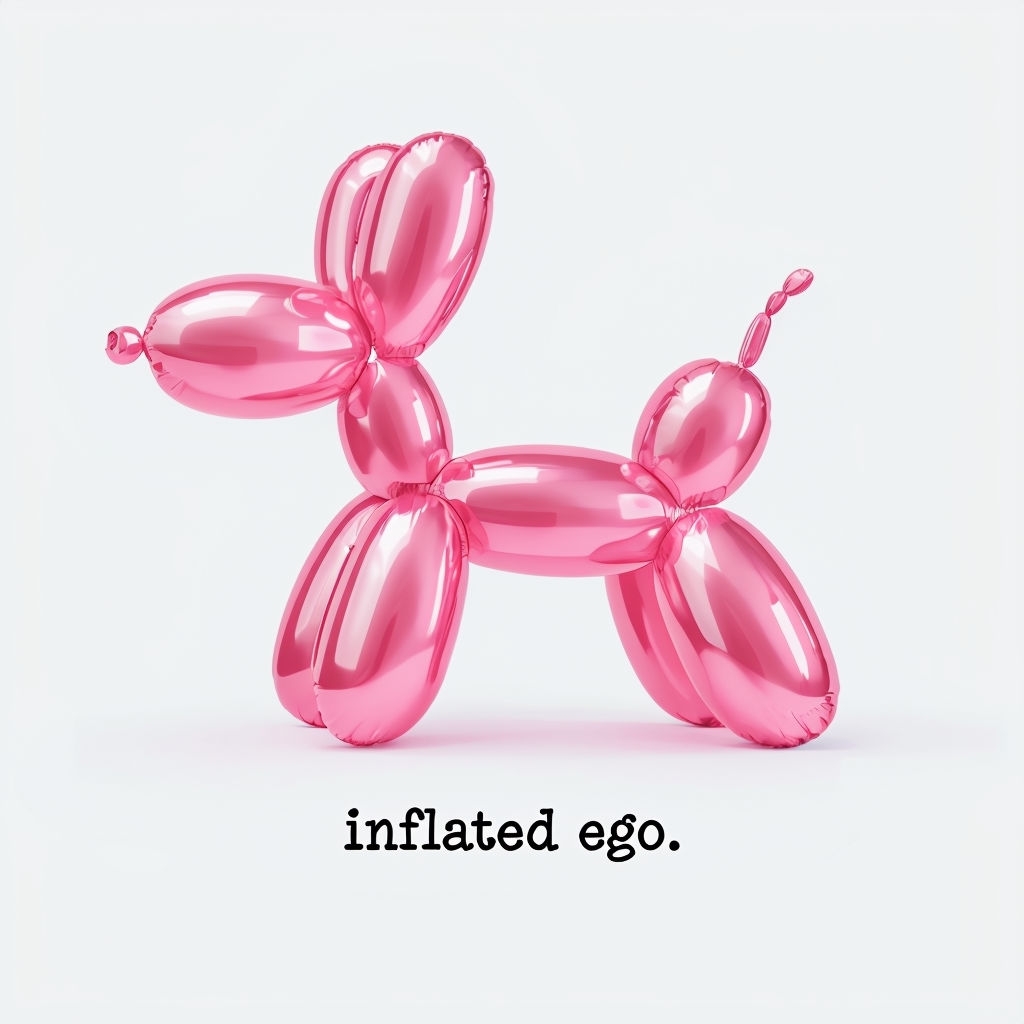Glossy Pink Balloon Dog with Inflated Ego Phrase Sticker
