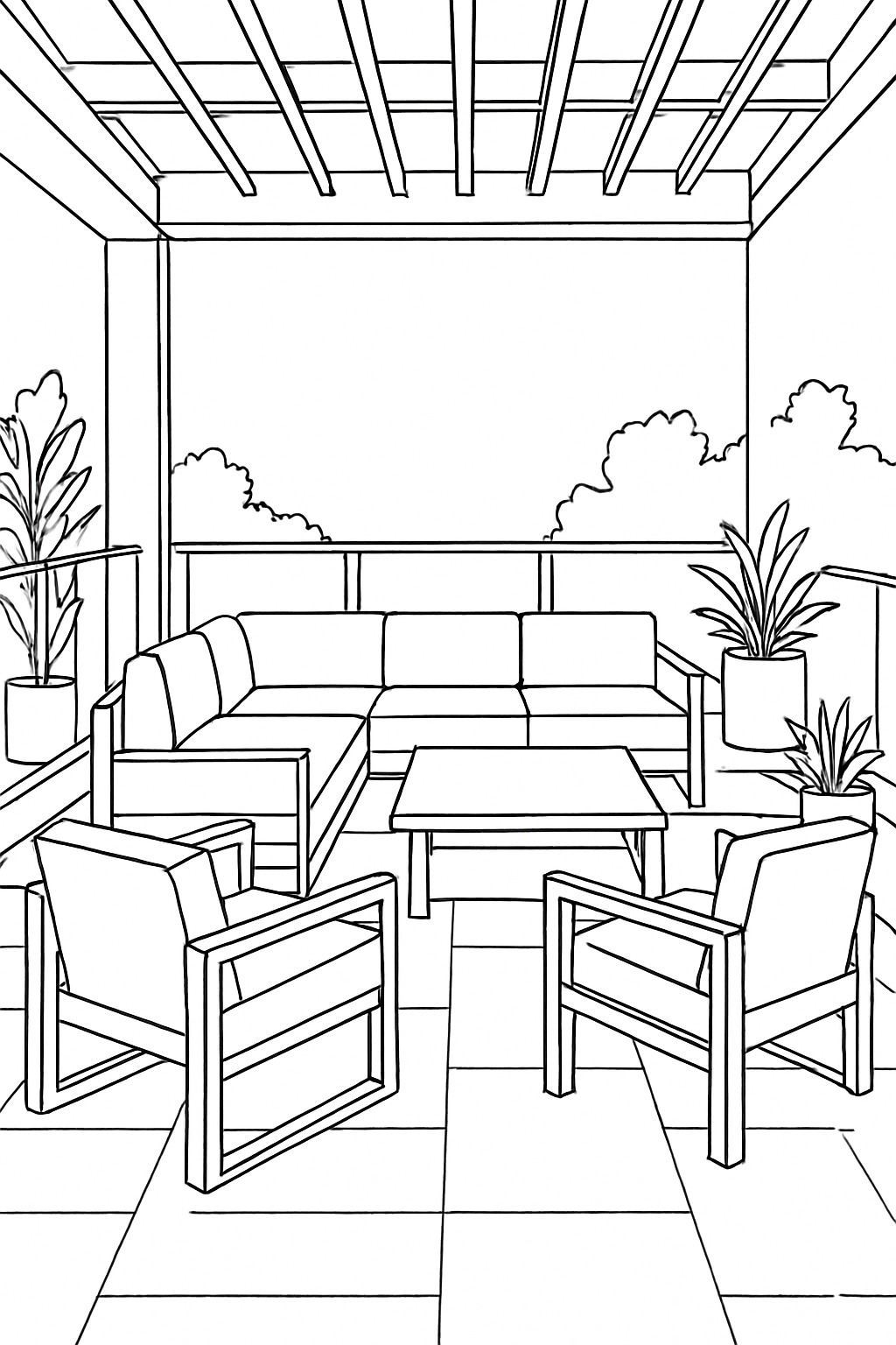 Stylish Outdoor Patio Line Drawing for Relaxation Coloring Book Pages