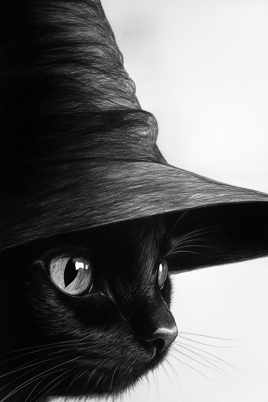 Enchanting Black Cat with Witch Hat Black-and-White Portrait Mobile Wallpaper
