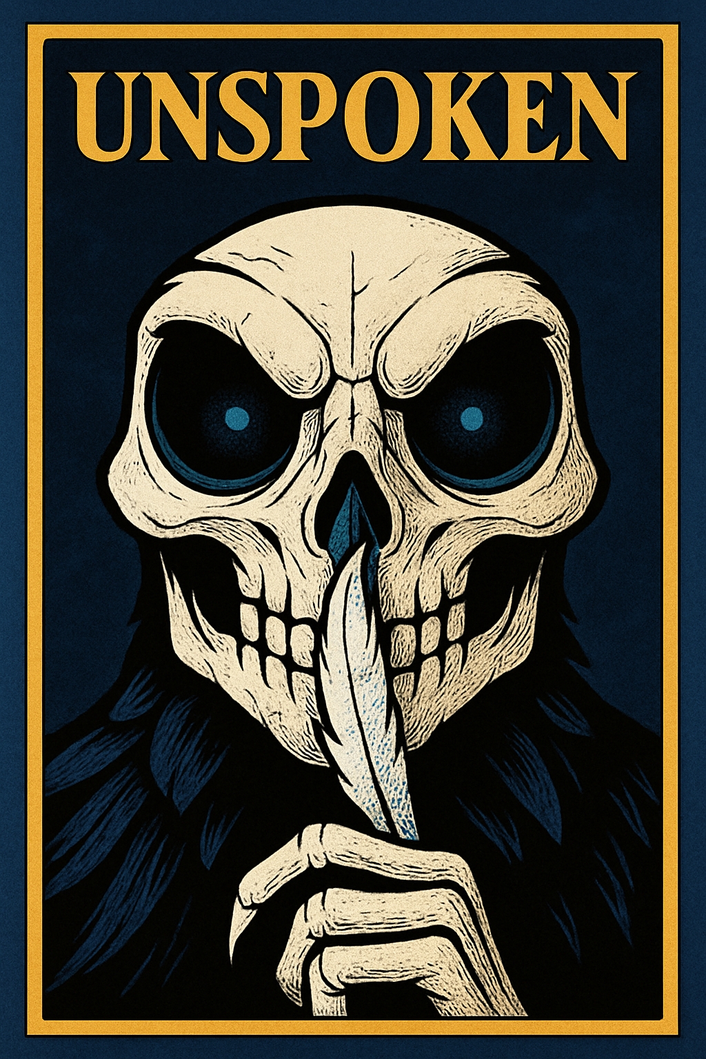 Ominous Vintage Skull Illustration with Feather and Text Poster