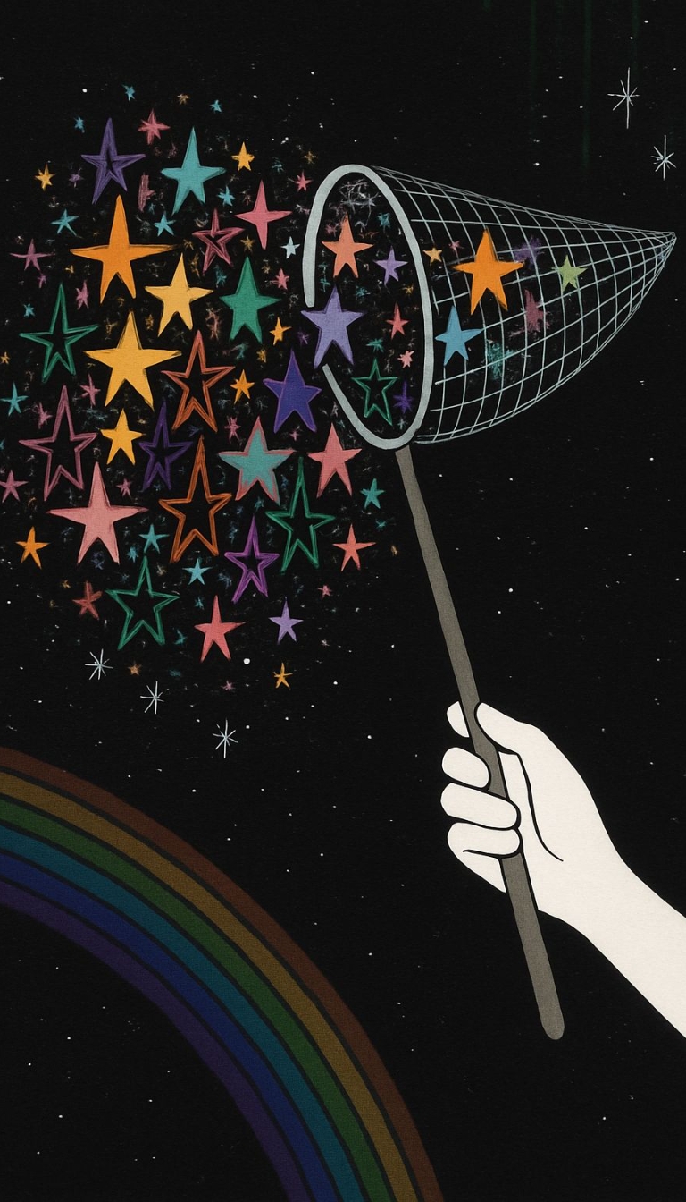Whimsical Star-Catching Net with Rainbow and Colorful Stars Mobile Wallpaper