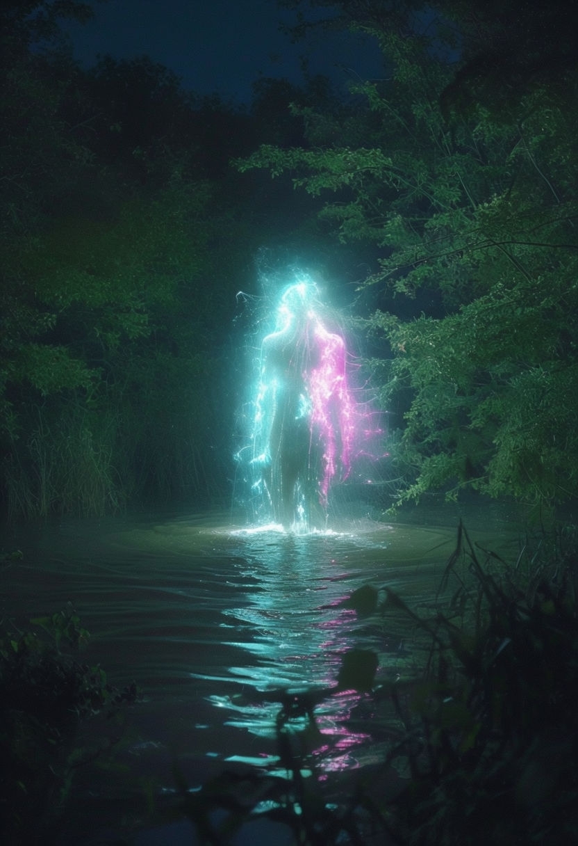 Ethereal Neon Figure in Surreal Nighttime Landscape Art