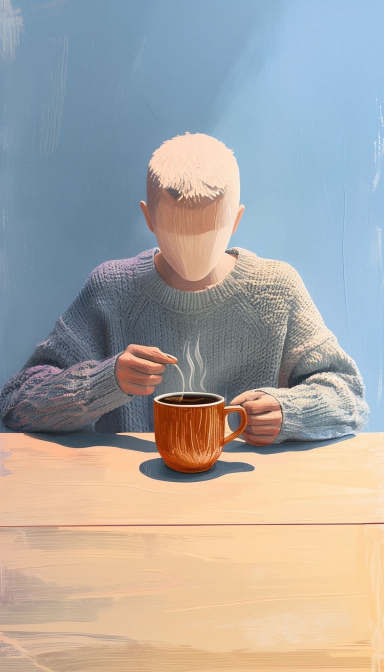 Cozy Figure Enjoying Coffee at Wooden Table Illustration Art