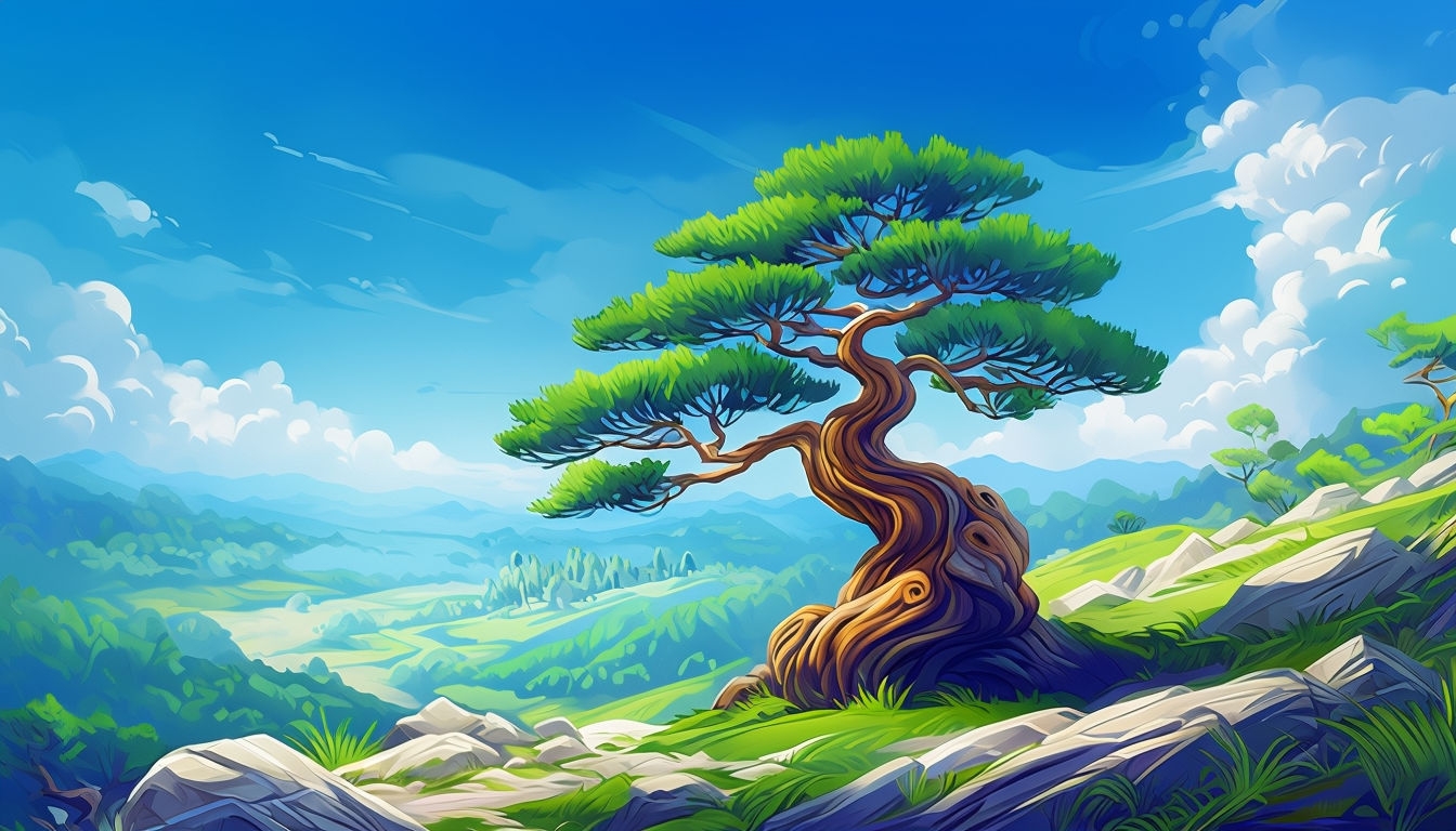 Serene Twisted Pine Tree Landscape Digital Painting Background