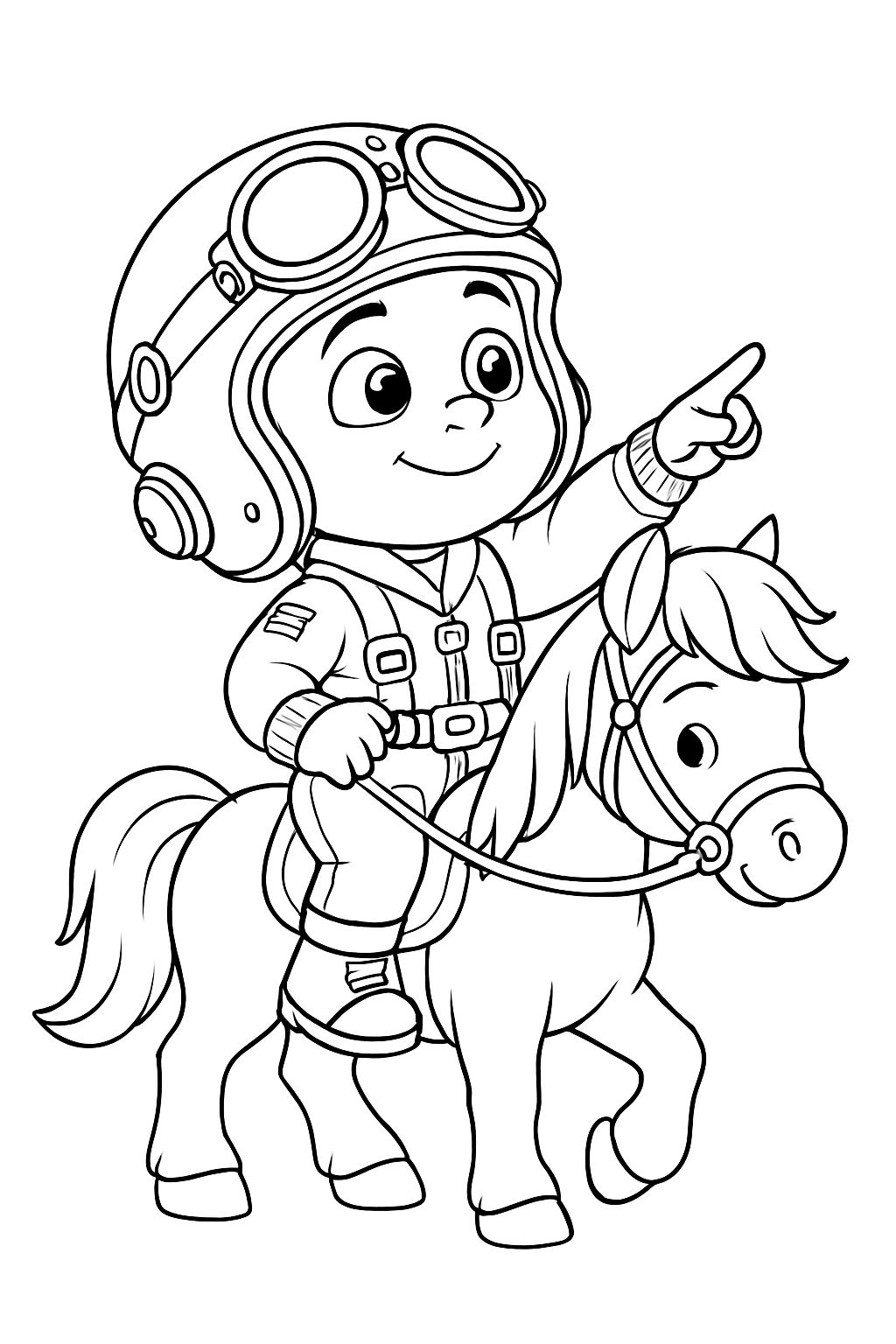 Cheerful Cartoon Character Riding Horse Line Drawing Coloring Book Pages