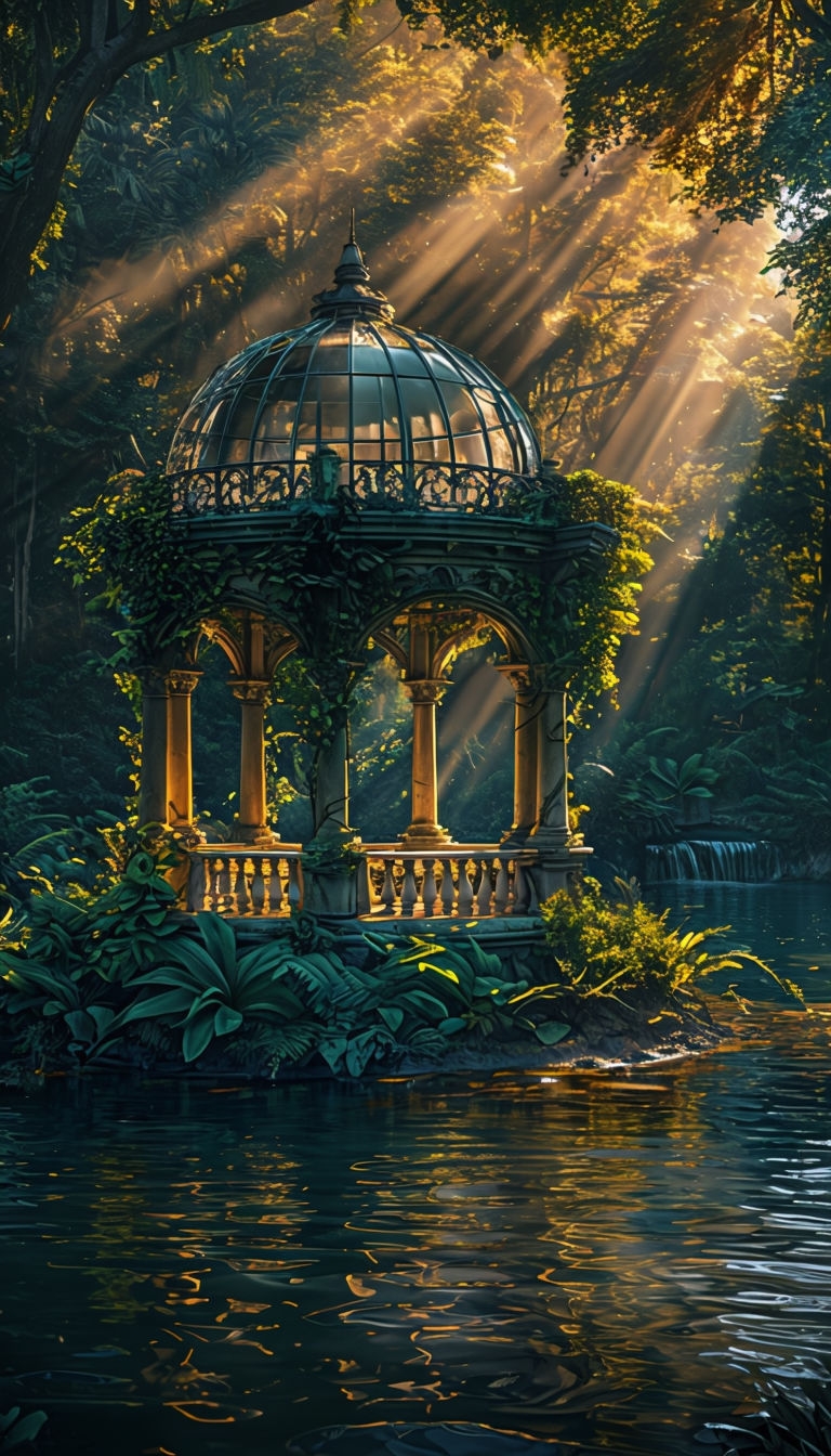 Tranquil Gazebo Reflection in Lush Nature Scene Art