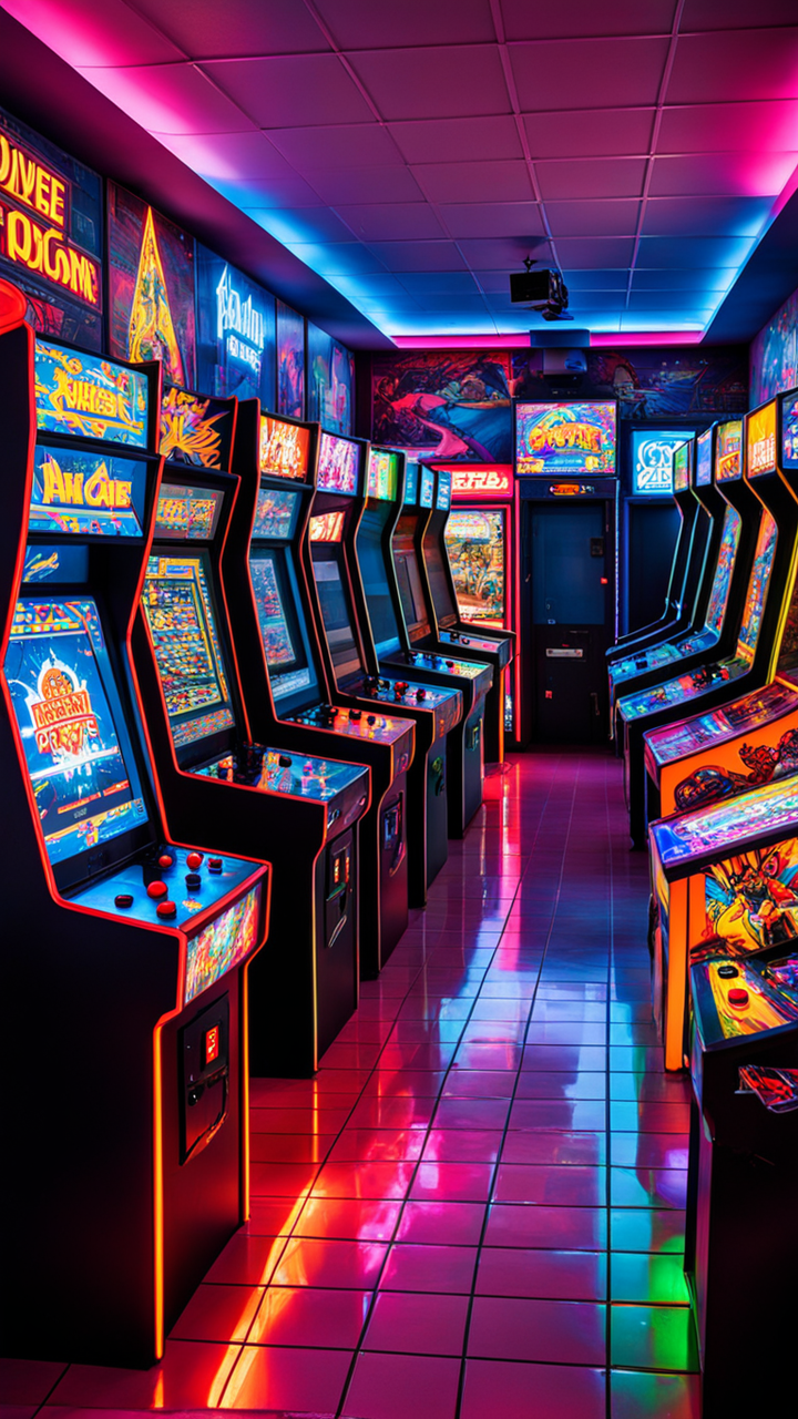 Retro arcade hall boasts rows of classic arcade cabinets bat... by ...