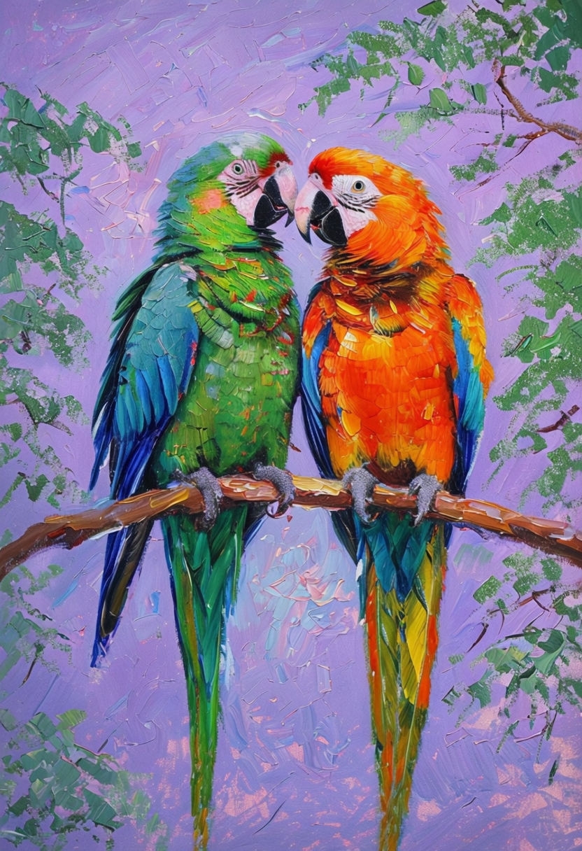 Vibrant Impressionist Parrots Perched on Branch Painting Art