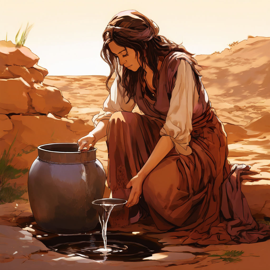 The samaritan woman bending down to draw water from a deep w by