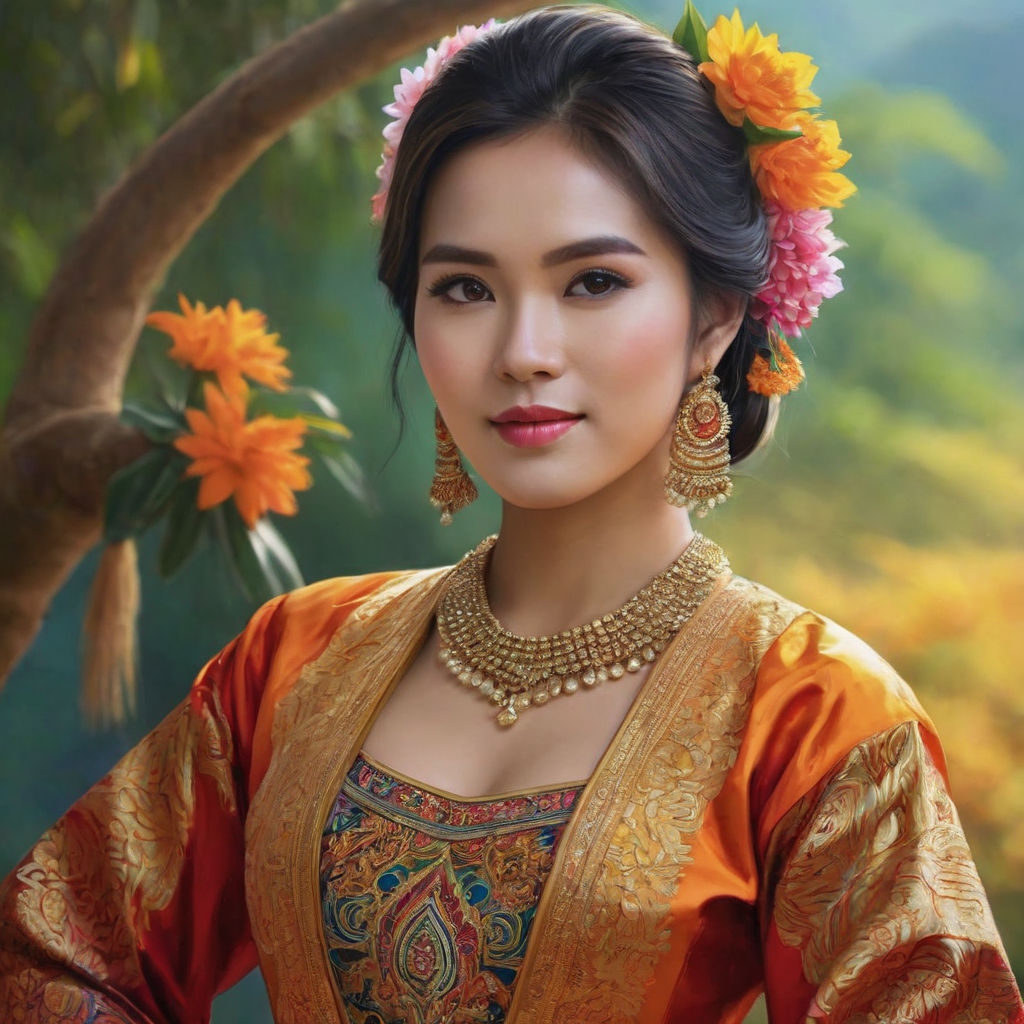 Beautiful myanmar girl full body background landscape highest image quality  fine detail HD. HD